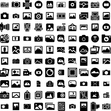 Collection Of 100 Photograph Icons Set Isolated Solid Silhouette Icons Including Picture, Design, Camera, Background, Photo, Photograph, Photography Infographic Elements Vector Illustration Logo
