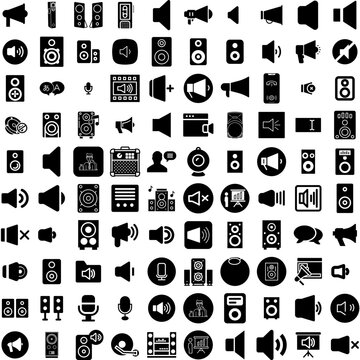 Collection Of 100 Speaker Icons Set Isolated Solid Silhouette Icons Including Conference, Speech, Business, Speaker, Presentation, Public, Modern Infographic Elements Vector Illustration Logo