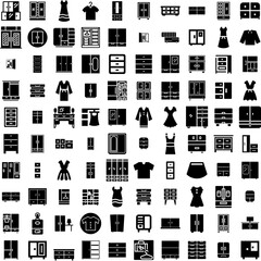 Collection Of 100 Wardrobe Icons Set Isolated Solid Silhouette Icons Including Closet, Clothes, Wardrobe, Room, Style, Modern, Home Infographic Elements Vector Illustration Logo