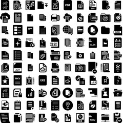 Collection Of 100 Document Icons Set Isolated Solid Silhouette Icons Including Office, Management, File, Business, Folder, Information, Document Infographic Elements Vector Illustration Logo