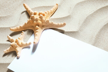 Blank card and starfishes on sand