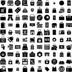 Collection Of 100 Shopping Icons Set Isolated Solid Silhouette Icons Including Business, Discount, Store, Sale, Promotion, Buy, Shop Infographic Elements Vector Illustration Logo