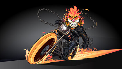 Vector illustration of a tiger riding a motorbike like a ghost rider, with a chain in his hand burning in flames