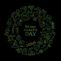 World health day. Concept art with healty lifestyle desing elements, icons set. Black background. Vector illustration