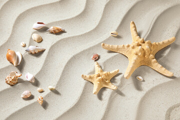 Fototapeta na wymiar Starfishes and seashells on sand