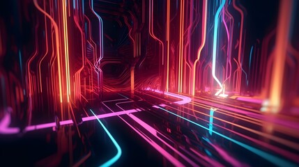 Neon Orange and Pink Trails in Abstract 3D Art, Futuristic Generative AI Illustration, KI
