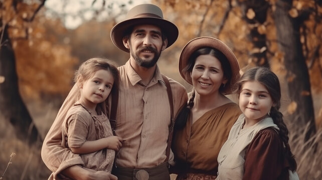 Happy Family group, vintage image of travelling settlers