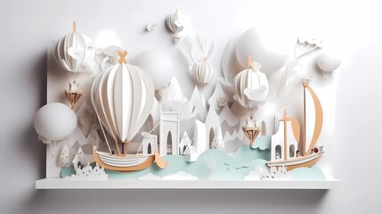 Paper craft whimsical fantasy illustration of sail ship, caravelle in the sea. Ai generative