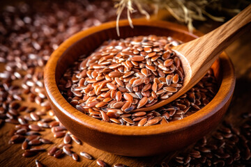 Small wooden scoop with pile of flax seeds, closeup detail. Superfood concept. Generative AI - obrazy, fototapety, plakaty