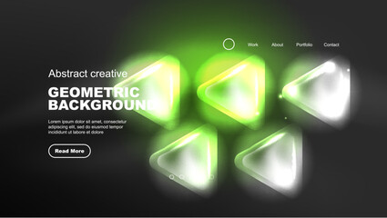 Abstract background landing page, geometric shape illuminated with glowing neon light on dark background. Futuristic city lights concept
