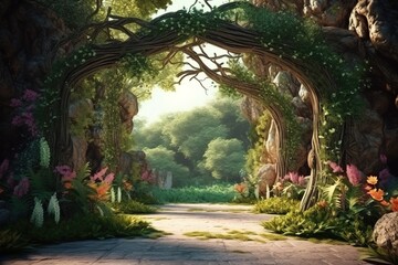 Unreal fantasy landscape with trees and flowers. Garden of Eden, exotic fairytale fantasy forest, Green oasis. Generative AI - obrazy, fototapety, plakaty