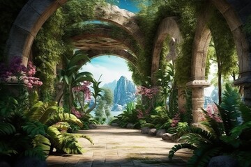 Unreal fantasy landscape with trees and flowers. Garden of Eden, exotic fairytale fantasy forest, Green oasis. Generative AI