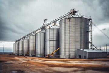 Obraz premium Large industrial grain silo on overcast day, agriculture concept. Generative AI