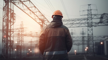 Fototapeta premium A man in a helmet at the electric towers. Generative AI