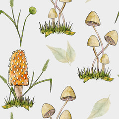 Watercolor seamless pattern with toadstool mushrooms. Hand drawing. Illustration of mushrooms, grass and fallen leaves.