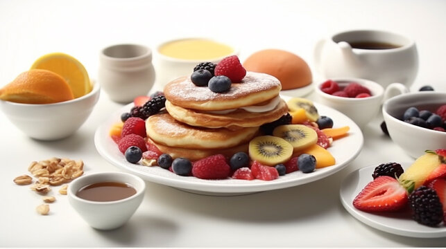 Berries and fruits with pancakes for breakfast. Generative AI