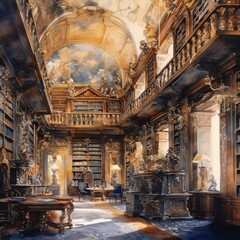 Watercolor library , in the style of otherworldly atmosphere, dark brown and gold Generative Ai