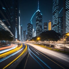 Fototapeta na wymiar Nighttime cityscape with vibrant lights and architectural marvels. A long exposure creates captivating light trails, infusing energy, and dynamism