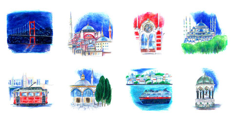 Istanbul city landmarks Hagia Sophia, Blue mosque, oriental archtecture