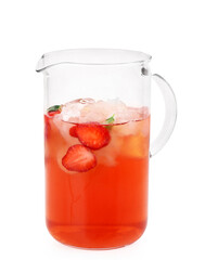 Jug of tasty strawberry drink on white background