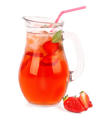Jug of tasty strawberry drink on white background