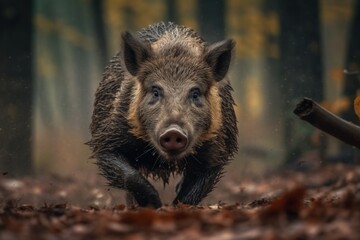 Wild boar run in forest