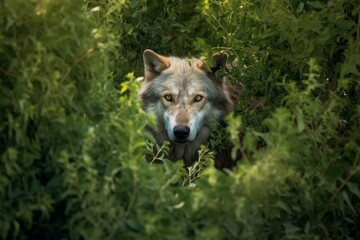 Naklejka na ściany i meble Wolf stalks hidden in the bushes