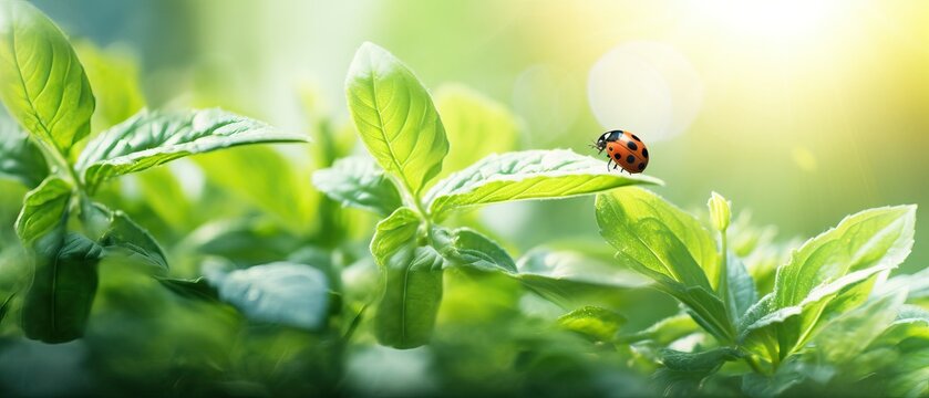 Wide format background image of fresh juicy green leaves and ladybug lit by rays of sun in nature with space for text