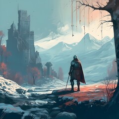 Medieval knight in a winter landscape and looking at a ruined castle. generative AI	