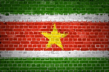 Shot of the Suriname flag painted on a brick wall in an urban location