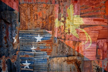 Shot of the flag of Papua New Guinea painted on rusty overlapping corrugated iron sheets