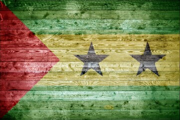 Flag of Sao Tome and Principe painted onto wooden boards of a wall or floor