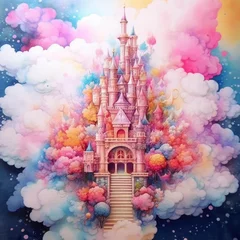 Fotobehang Aquarelschilderij wolkenkrabber watercolor fairy tale clouds on clouds with flowershaped skyscrapers Generative Ai
