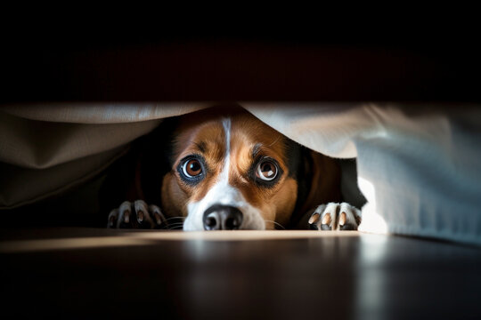 Scared dog hiding under bed.