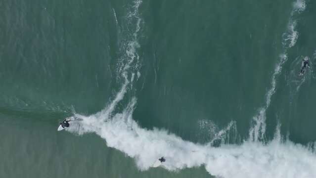 Aerial Slow Motion Drone View Top Down Surfing Blacks Beach San Diego California