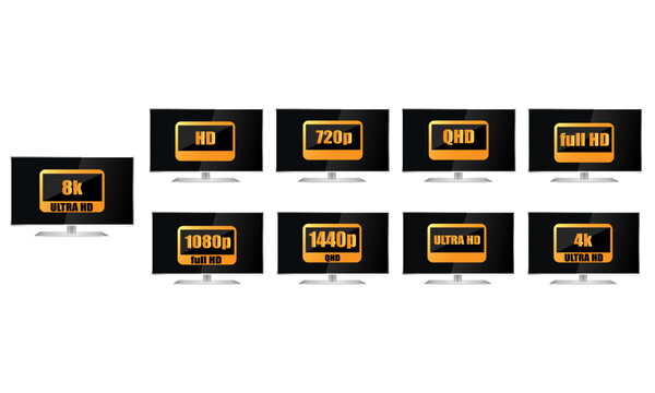 Video and tv resolution sd hd ultra hd 1080p FHD full HD 1440p chk 4k 8k fast display resolution on silt background eps 10