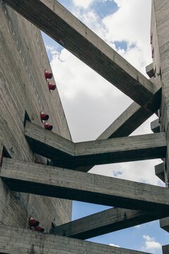 Vertical shot of the footbridges of the SESC Pompeia Cultural Center in Sao Paulo, Brazil