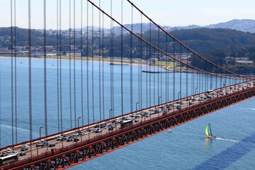 Aerial view of Golden Gate Bridge, San Francisco over the water with blue sky