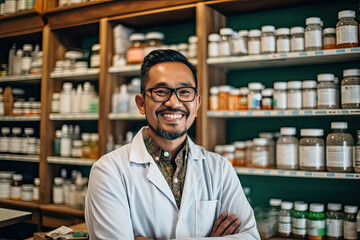 Fototapeta premium male pharmacist in retail pharmacy. Generative AI