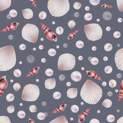 Watercolor seamless pattern with shells and pearls. Hand painting clipart underwater life objects on a white isolated background. For designers, decoration, postcards, wrappin
