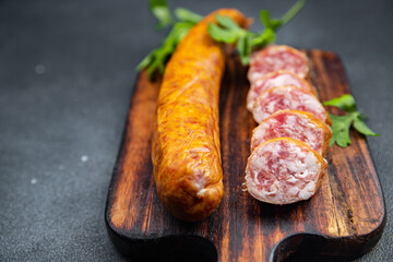 sausage montbeliard meat fresh  sausages food snack on the table copy space food background rustic top view