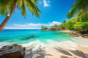 Naklejka na ściany i meble Sunny tropical beach with palm trees, Generative ai