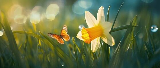 Fototapeta na wymiar Beautiful daffodil flower in nature in morning outdoors in rays of sunlight and orange fluttering butterfly on background of grass in dew drops with beautiful round bokeh