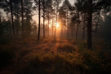 Sunrise in pine forest, Generative ai
