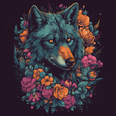 Colorful wolf with flowers