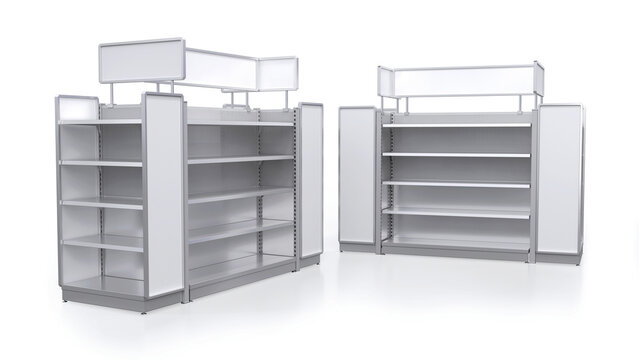Open metal showcases with shelves. 3d illustration