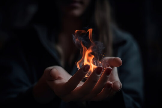 dark atmospheric image woman holding Fire flame on hands on black background. generative ai.