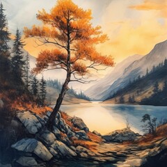 watercolor landscape mountains lone tree of a water lake Generative Ai