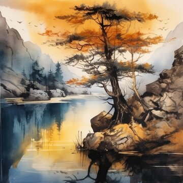 watercolor landscape mountains lone tree of a water lake Generative Ai