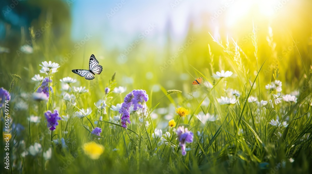 Sticker Beautiful field meadow flowers chamomile and violet wild bells and three flying butterflies in morning green grass in sunlight, natural landscape. Delightful pastoral airy fresh artistic image nature